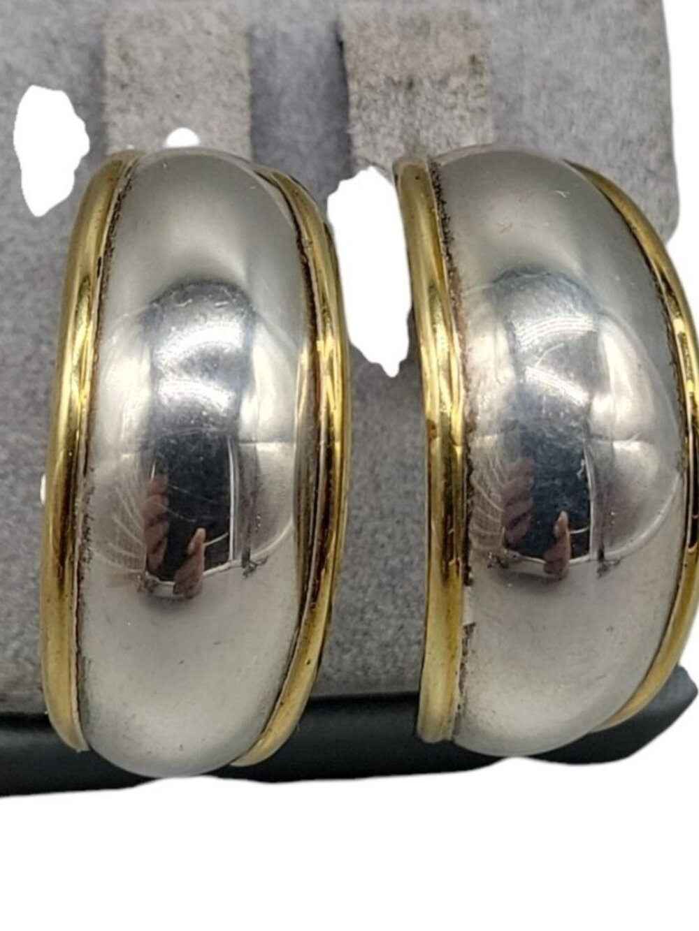 TB 107 Sterling Silver Post Earrings Chunky Half Hoop Mexico Gold Outline - Picture 5 of 16